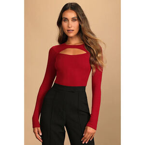 Lulus Flirty Little Secret Wine Red Ribbed Cutout Long Sleeve Top - Size S